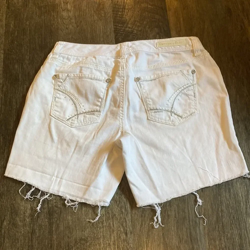 EUC White Denim Rhythm in Blues Sz 8 Distressed/Cutoff Look Shorts - Picture 9 of 11